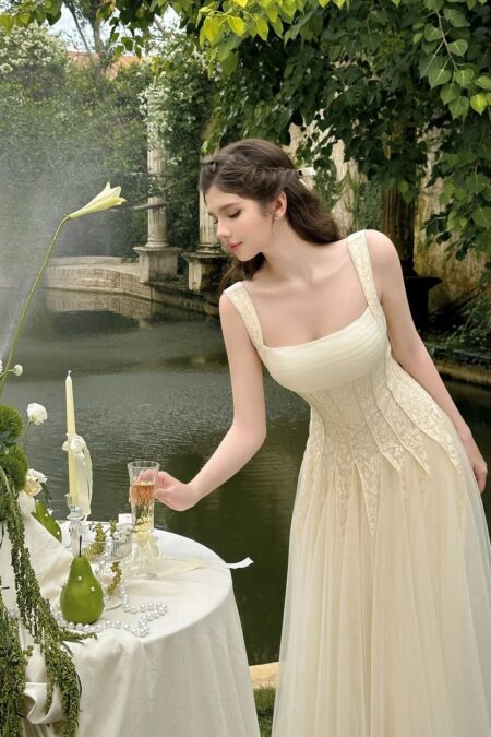 đầm maxi ren ánh phối lưới Sò Vintage – mẫu ELODIE cho thuê tại Hà Nội