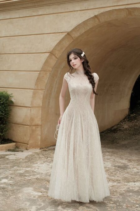 Đầm ren kim sa lót lưới nhiều lớp, phom xòe Sò Vintage – mẫu VELIA cho thuê tại Hà Nội