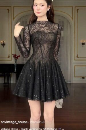 Đầm ren kim sa lót lưới nhiều lớp, phom xòe Sò Vintage – mẫu VELIA cho thuê tại Hà Nội