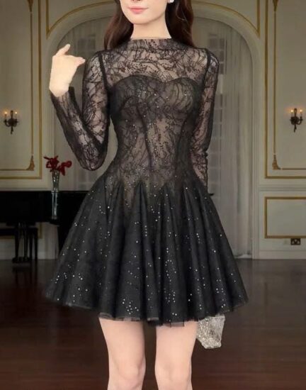 Đầm ren kim sa lót lưới nhiều lớp, phom xòe Sò Vintage – mẫu VELIA cho thuê tại Hà Nội